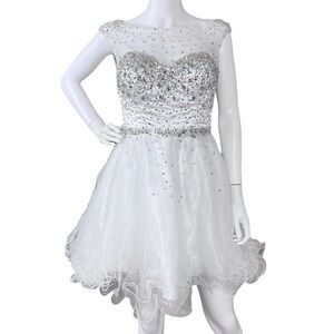 GLS Rhinestone Sequined Sheer Tulle Prom Homecoming Dress White Silver Size M
